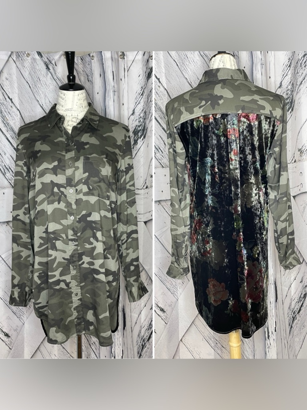 Tribal Velvet & Camouflage Shirt High Low Tunic Small